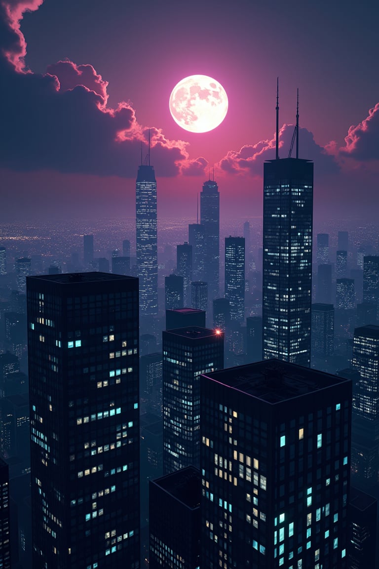 night, dark-orange cloud lumened by city, bright white  moon with violet oreola, dark-gray-purple sky; sky scrapers square and rectangular skyscrapers with white frequent square windows, shades of skyscraper windows: dark blue, dark turquoise. The roofs of skyscrapers from dark squares or illuminated with a dim blue border, far focus, twinkling windows and stars, brilliant coloring, crispy quality, vray; Pixar, ; HD, HDR, SF, CGSociety, 16k, photorealistic, unreal engine