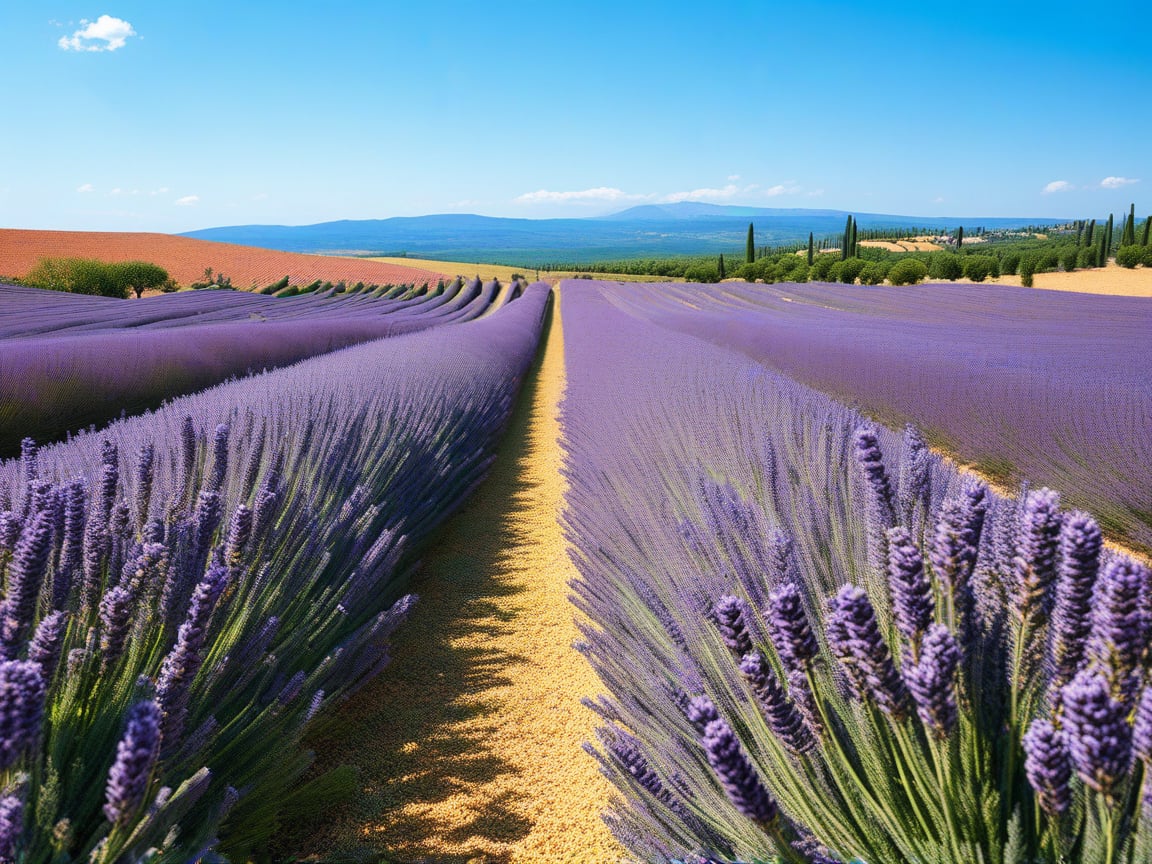 A lavender field under a blue sky in Provence, with rows of purple Lupinus stretching to the horizon