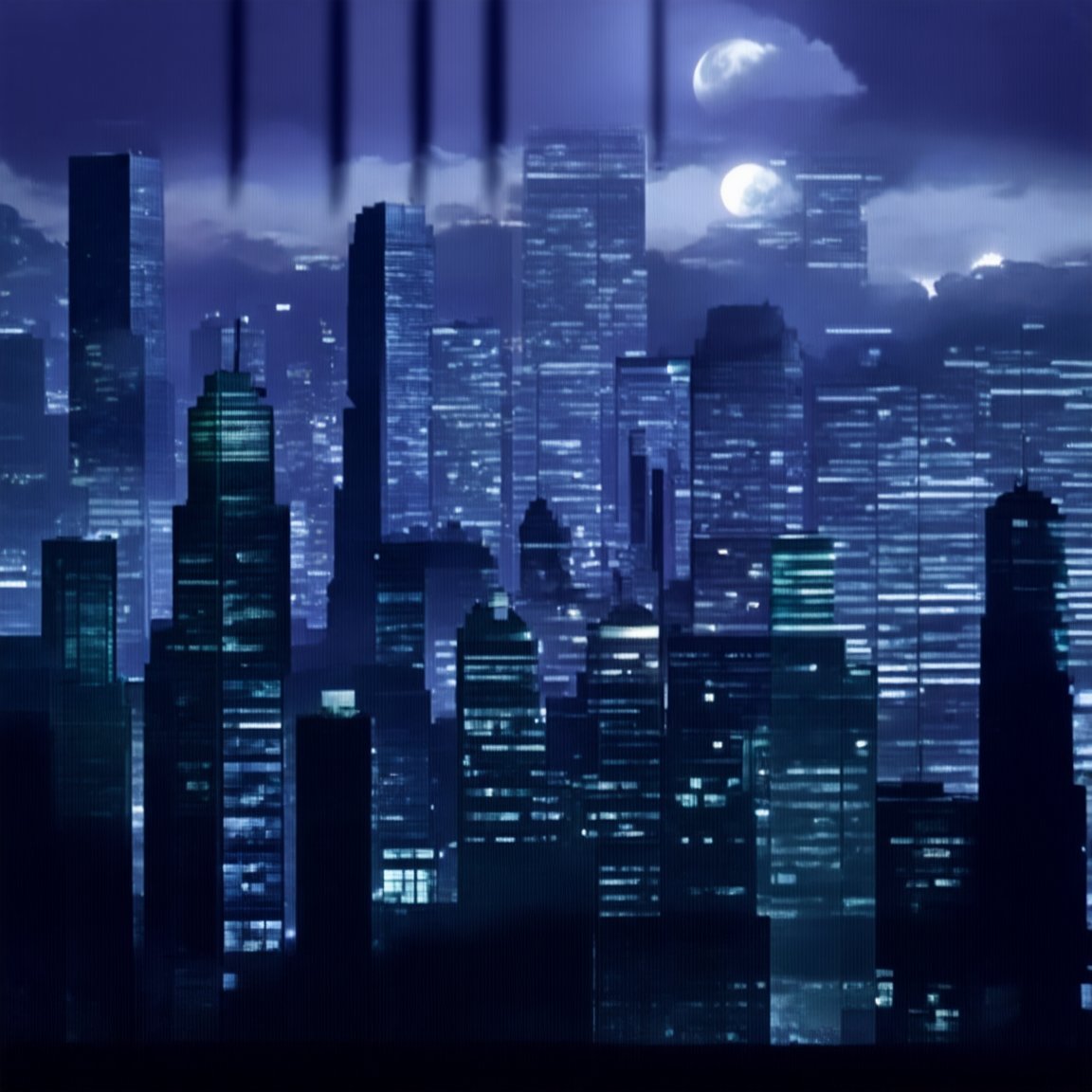 night, cloud lumened by city, bright moon, dark-gray-purple sky; sky scrapers square and rectangular skyscrapers with white frequent square windows, shades of skyscraper windows: dark green, dark turquoise. The roofs of skyscrapers from dark squares or illuminated with a dim blue border,