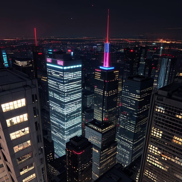 panorama view from the roof of a skyscraper. dark-orange cloud lumened by city,  bright moon,  dark-gray-purple sky; sky scrapers square and rectangular skyscrapers with white frequent square windows,  shades of skyscraper windows: light green,  light blue,  dark blue,  dark turquoise. The roofs of skyscrapers from dark squares to squares are illuminated with a dim blue square border,  some of the skyscrapers are topped with red lights in the corners,  one skyscraper with a red diode above it warning aircraft. brilliant coloring, crispy quality, vray; Pixar, ; HD, HDR, SF, CGSociety, 16k, photorealistic, unreal engine