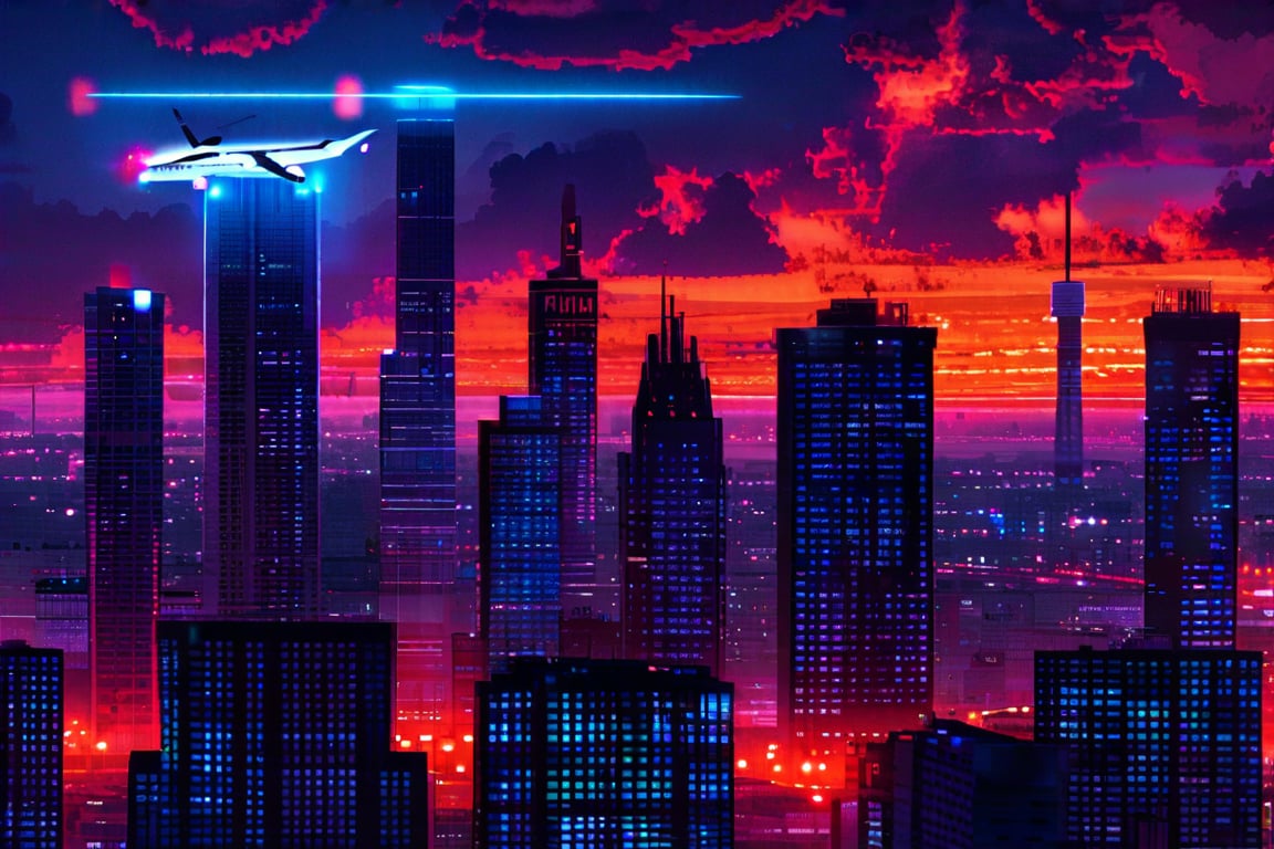 dark orange clouds illuminated by the city, purple sky, square and rectangular skyscrapers with white frequent square windows, shades of skyscraper windows light green, blue, dark blue, dark turquoise. The roofs of skyscrapers from dark squares to squares are illuminated with a dim blue square border, some skyscrapers are topped with red lights in the corners, and a red diode is installed above one skyscraper to warn airplanes.