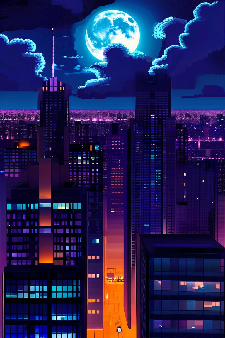 night, dark-orange cloud lumened by city, bright moon, dark-gray-purple sky; sky scrapers square and rectangular skyscrapers with white frequent square windows, shades of skyscraper windows: dark blue, dark turquoise. The roofs of skyscrapers from dark squares or illuminated with a dim blue border,