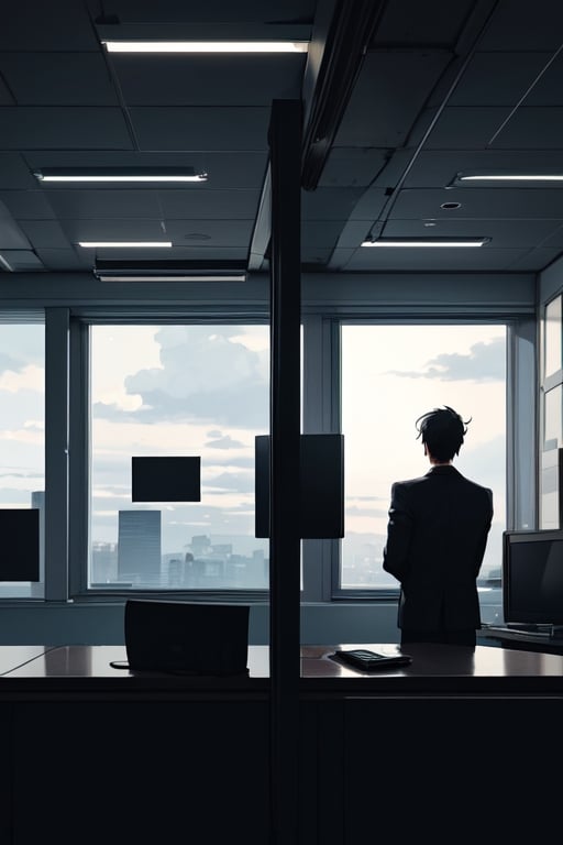noir style detective standing in office thinking about case,  around table with compter led display,  night,  dark clouds seen throught small window with blinds