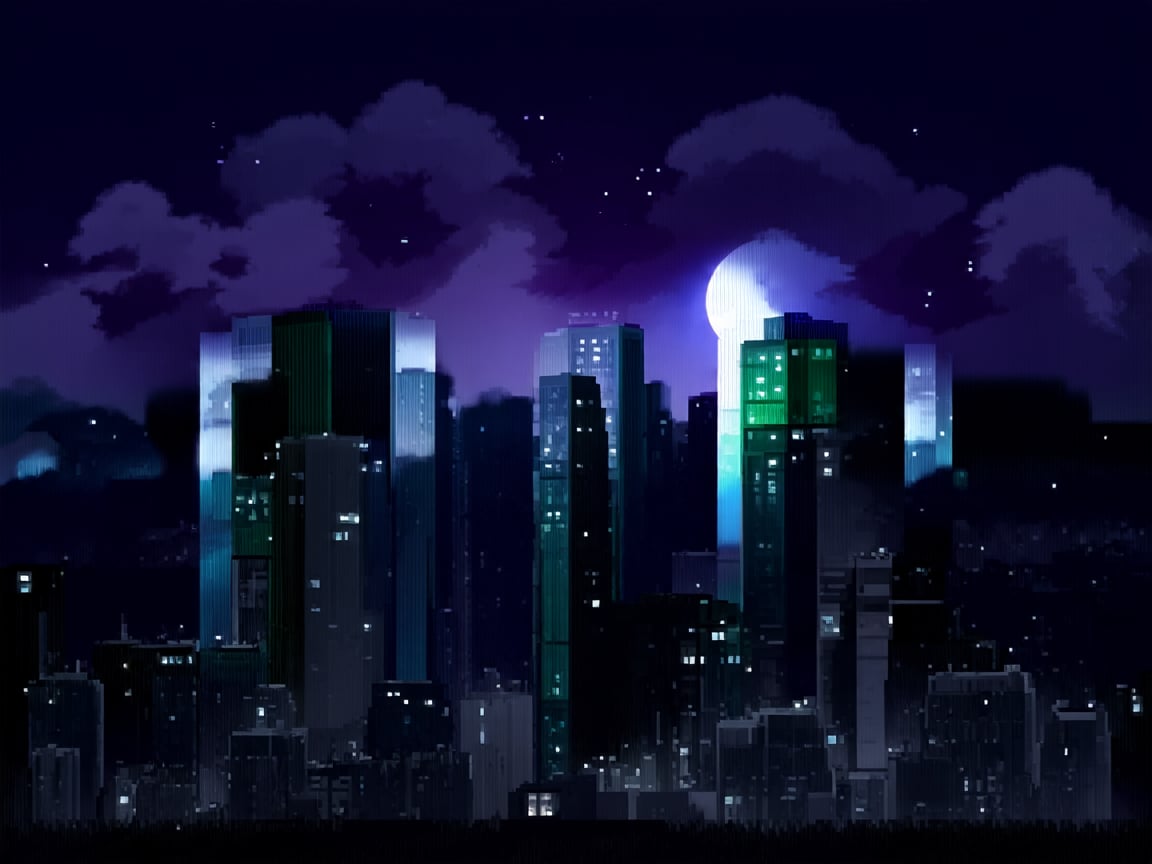 night, cloud lumened by city, bright moon, dark-gray-purple sky; sky scrapers square and rectangular skyscrapers with white frequent square windows, shades of skyscraper windows: dark green, dark turquoise. The roofs of skyscrapers from dark squares or illuminated with a dim blue border,