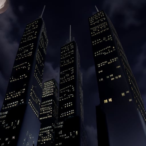 night, dark blue sky with blurry white clouds, full moon, black rectangular skyscrapers with small windows in which white light is visible, metal superstructures are visible at the tops of skyscrapers, brown cubes and a few gray cubes are visible at the base of skyscrapers, the earth is brown mud or clay,