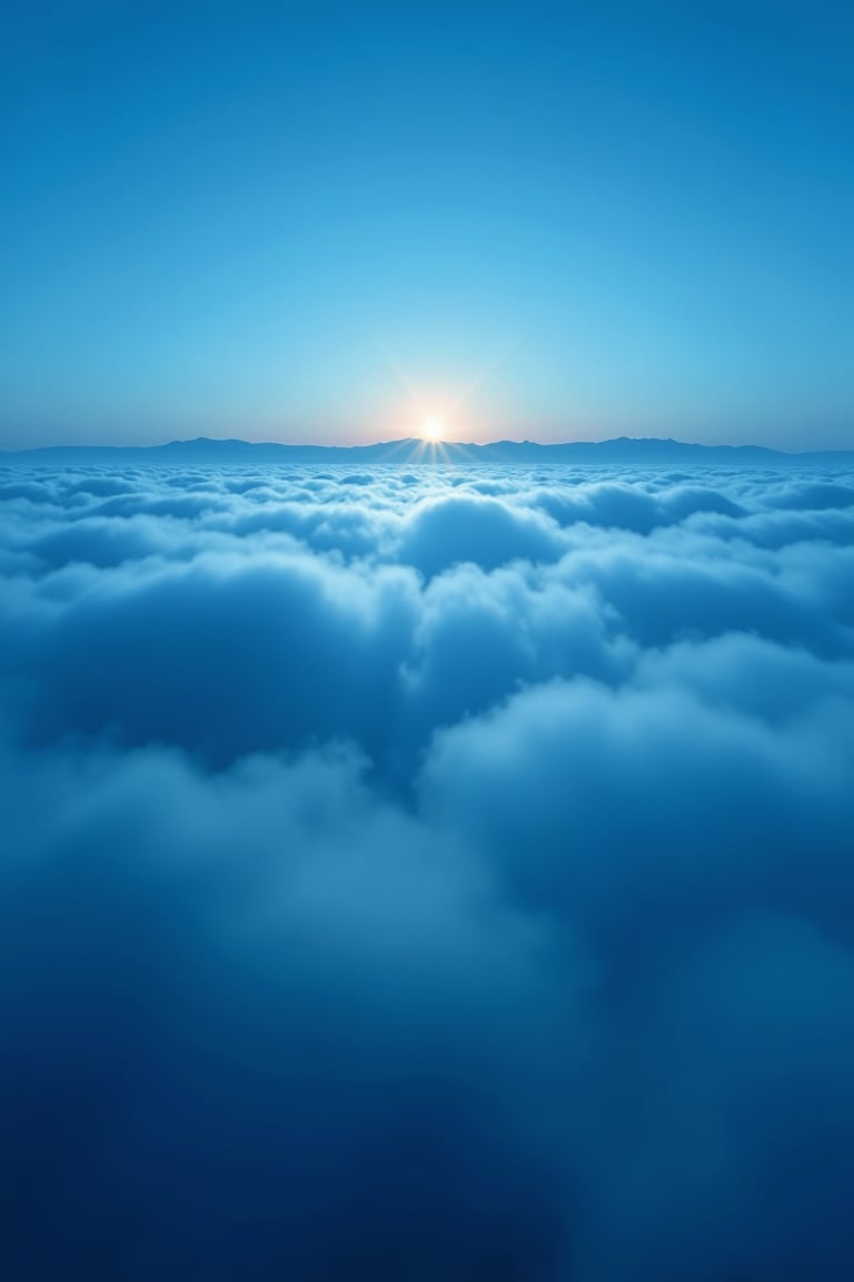 A dense layer of blue clouds illuminated in royalblue from above, a small golden sun, light gray mountains in the distance on the horizon among which power plants and industrial buildings can be seen, closer gray mountains on the horizon among which power plants and industrial buildings can be seen, black mountains on the horizon among which power plants and industrial buildings can be seen,