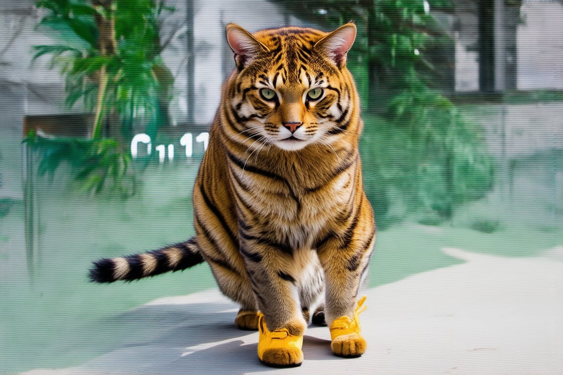 Wow, that's one majestic cat! It's almost like a tiger and a domestic cat had a super cool fusion. wearing yellow sneakers And about that '110', maybe it's part of a top-secret feline mission?