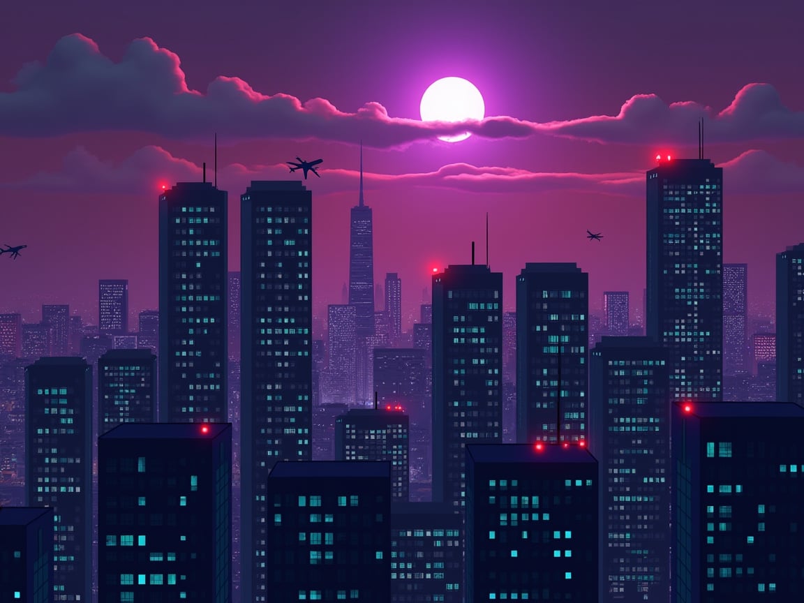 dark orange clouds illuminated by the city, purple sky,bright white moon with purple oreola, square and rectangular skyscrapers with white frequent square windows, shades of skyscraper windows light green, blue, dark blue, dark turquoise. The roofs of skyscrapers from dark squares to squares are illuminated with a dim blue square border, some skyscrapers are topped with red lights in the corners, and a red diode is installed above one skyscraper to warn airplanes.