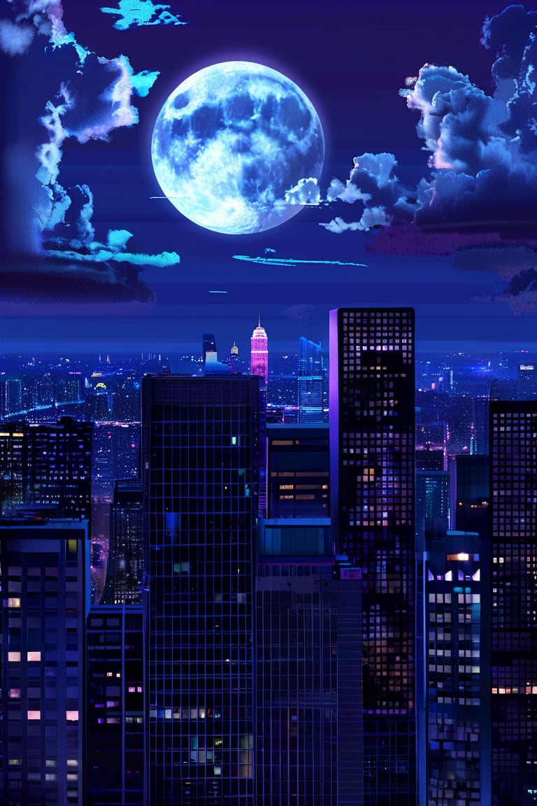 night, cloud lumened by city, bright moon, dark-gray-purple sky; sky scrapers square and rectangular skyscrapers with white frequent square windows, shades of skyscraper windows: dark blue, dark turquoise. The roofs of skyscrapers from dark squares or illuminated with a dim blue border,