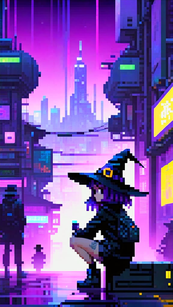 best quality, masterpiece, (detailed:1.2), 1girl, mona, squatting, cutesie, witch hat, science fiction, cyberpunk, purple hair, chromatic aberration, outdoors, city, crowd, faceless crowd","wallpaper, 1boy, solo, male focus, tattoo, monochrome, cyberpunk, (chromatic aberration), detailed background, mechanical parts, cable, indoors,pixel art