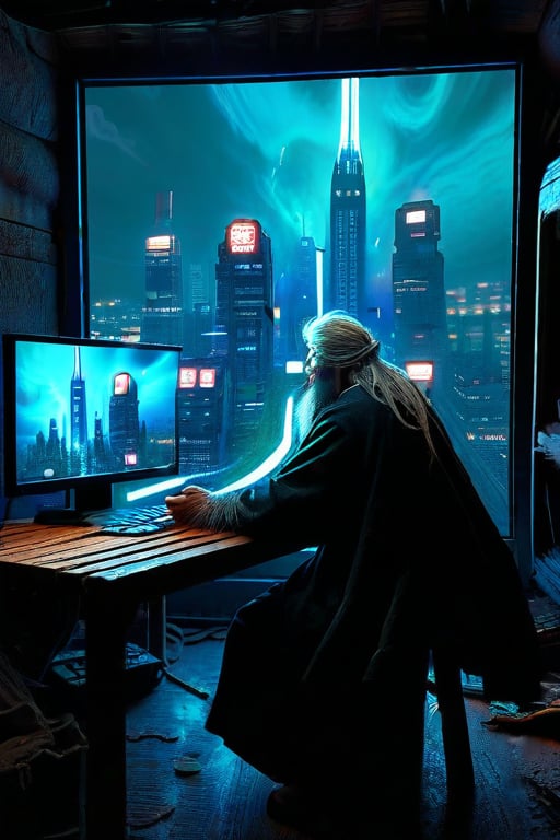 A homeless person who sits at a wooden table in front of a square black monitor and it generates images of a futuristic city, there is a dark system unit on the floor, he has long gray hair with a gray beard of about 55 years old, he is dressed in a dark brown wizard's cape, the environment is a typical homeless person's home, a semi-dump, in the open wall you can see a bright futuristic night city.