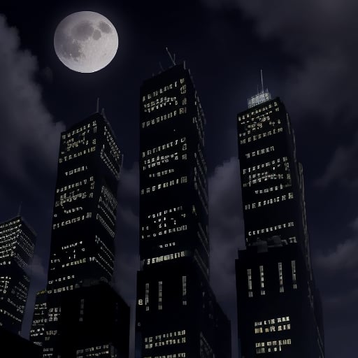 night, dark blue sky with blurry white clouds, full moon, black rectangular skyscrapers with small windows in which white light is visible, metal superstructures are visible at the tops of skyscrapers, brown cubes and a few gray cubes are visible at the base of skyscrapers, the earth is brown mud or clay,