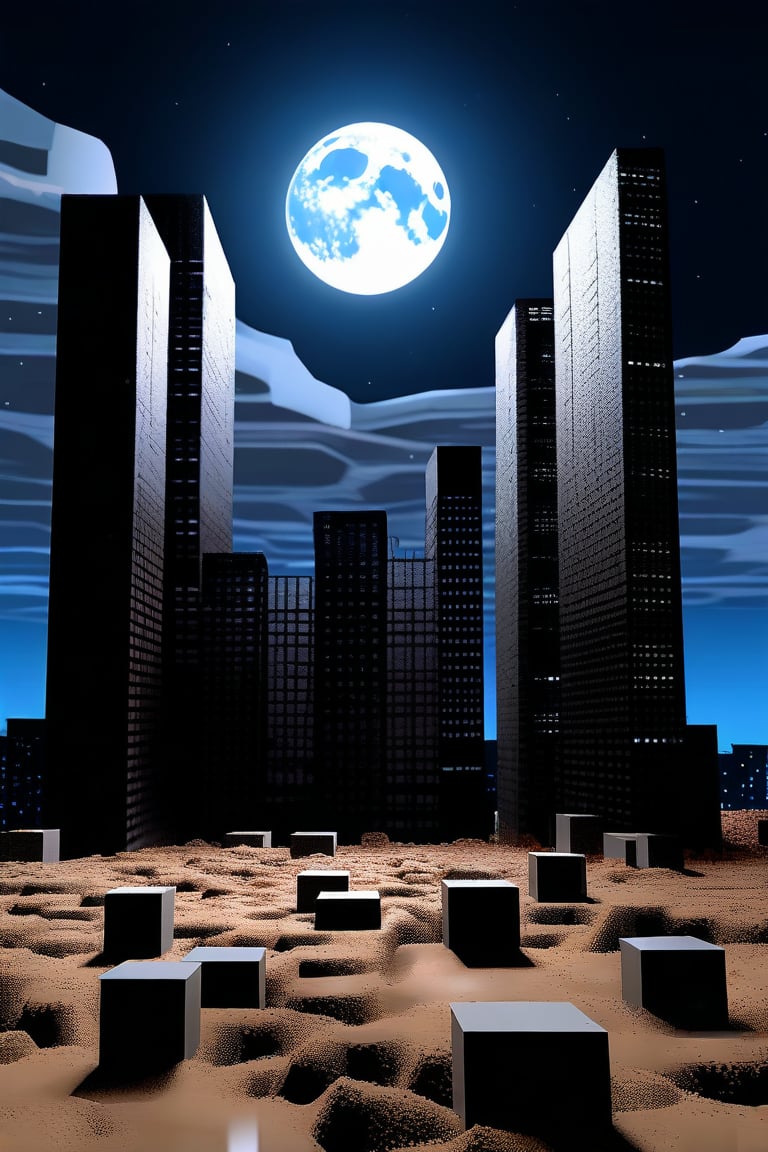 night, dark blue sky with blurry white clouds, full moon, black rectangular skyscrapers with small windows in which white light is visible, metal superstructures are visible at the tops of skyscrapers, brown cubes and a few gray cubes are visible at the base of skyscrapers, the earth is brown mud or clay