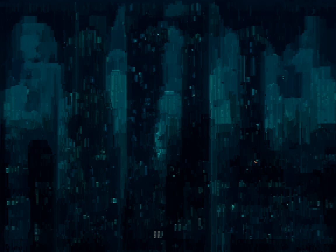 pixel art, night, cloud lumened by city, bright moon, dark-green sky; sky scrapers square and rectangular skyscrapers with white frequent square windows, shades of skyscraper windows: dark green, dark turquoise. The roofs of skyscrapers from dark squares or illuminated with a dim blue border,