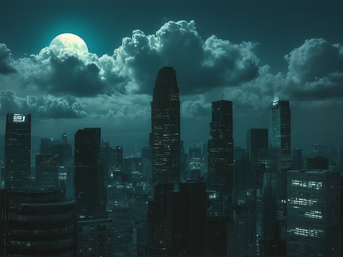 night, cloud lumened by city, bright moon, dark-green sky; sky scrapers square and rectangular skyscrapers with white frequent square windows, shades of skyscraper windows: dark green, dark turquoise. The roofs of skyscrapers from dark squares or illuminated with a dim blue border,