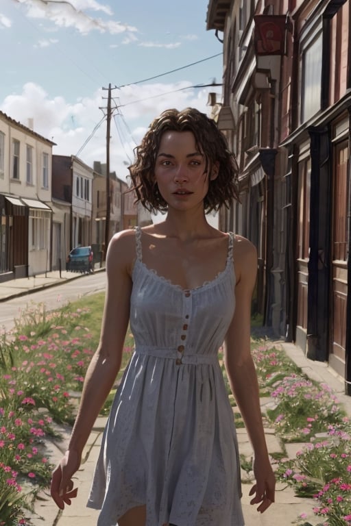 summer, a girl in a light dress with loose hair, linden alley, gentle morning sun, light breeze, blue sky, flowers, photo realism,photorealistic