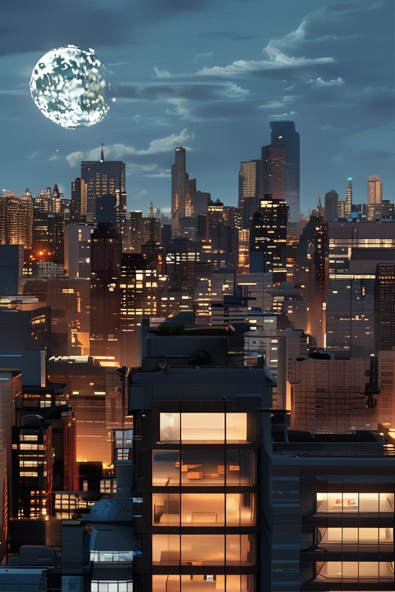 night, dark blue sky with blurry white clouds, full moon, black rectangular skyscrapers with small windows in which white light is visible, metal superstructures are visible at the tops of skyscrapers, brown cubes and a few gray cubes are visible at the base of skyscrapers, the earth is brown mud or clay