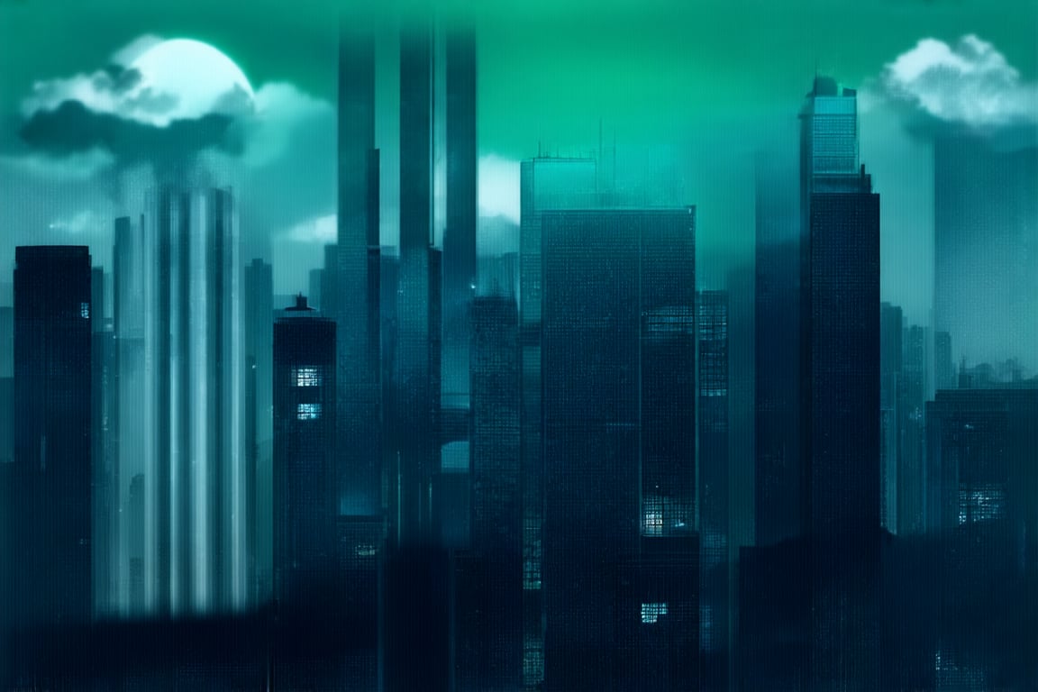 night, cloud lumened by city, bright moon, dark-green sky; sky scrapers square and rectangular skyscrapers with white frequent square windows, shades of skyscraper windows: dark blue, dark turquoise. The roofs of skyscrapers from dark squares or illuminated with a dim blue border,