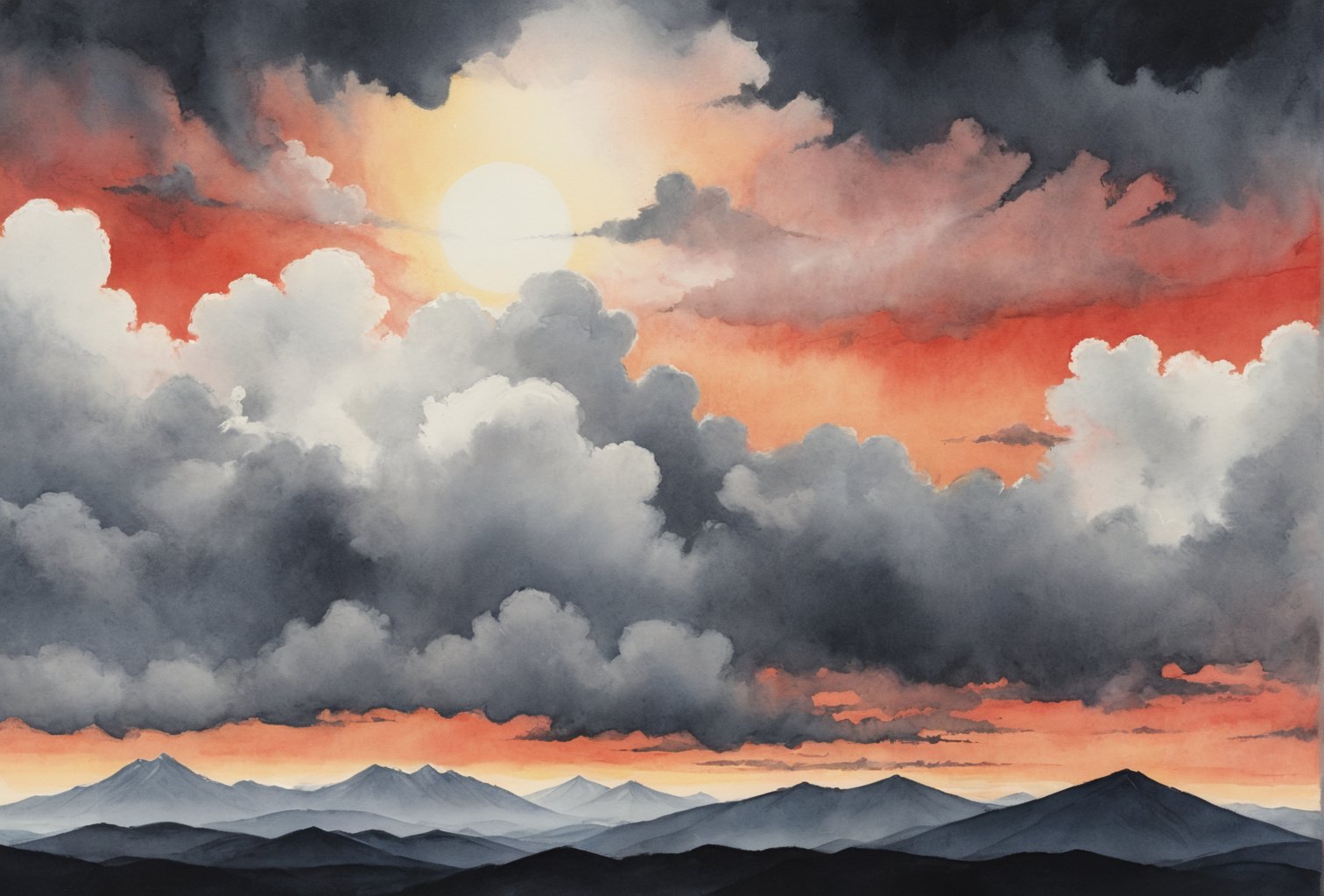 Start with the sky: use a soft bristled brush to create dense gray clouds. Use gray watercolor or gouache, mixed lightly with white to add dimension. Next, color the edges of the clouds red: use red mixed with orange to simulate the glow from the sun. Smoothly transition from gray to red. Sun: Paint a small circle of golden color at the edge of the clouds, making it more intense in the center and paler towards the edges. Mountains in the distance: Go with dark gray and a hint of blue to create the look of distant mountains. Mark the contours of industrial structures and buildings with thin lines using white paint or a thin pencil. Nearby Mountains: Use darker shades of gray to make them stand out against the distant mountains. Also add shadows of the clouds to show that they are closer. Outline industrial forms darker to show their outlines. Front exposed black mountains: use black paint for definition and definition of the lines. Leave small shiny dots or near the outline of the building to show that there is industry there, even if it is hard to see.