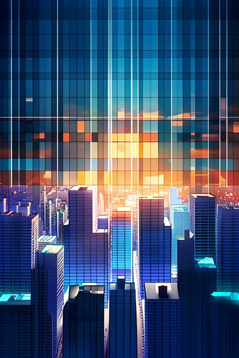 A panoramic cityscape at dusk with dark orange clouds illuminated by the city's lights against a purple sky. Square and rectangular skyscrapers feature white, frequent square windows with shades of light green, blue, dark blue, and dark turquoise. The roofs of the skyscrapers transition from dark squares to squares illuminated with a dim blue border. Some skyscrapers are topped with red lights in the corners, and a prominent red diode warns airplanes above one skyscraper. The scene captures the urban skyline's geometric precision and the interplay of artificial and natural light.