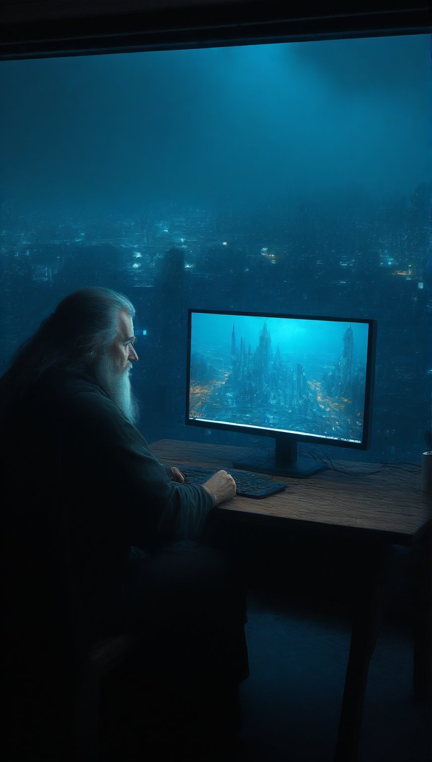 A homeless person who sits at a wooden table in front of a square black monitor and it generates images of a futuristic city, there is a dark system unit on the floor, he has long gray hair with a gray beard of about 55 years old, he is dressed in a dark brown wizard's cape, the environment is a typical homeless person's home, a semi-dump, in the open wall you can see a bright futuristic night city.