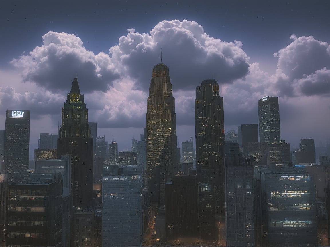 night, cloud lumened by city, bright moon, dark-gray-purple sky; sky scrapers square and rectangular skyscrapers with white frequent square windows, shades of skyscraper windows: dark green, dark turquoise. The roofs of skyscrapers from dark squares or illuminated with a dim blue border,