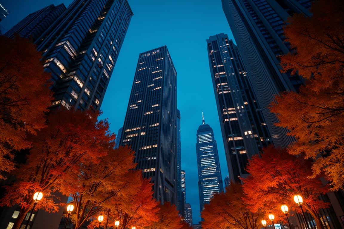 Night, autumn, skyscrapers with orange windows, lanterns illuminate the foliage of the trees and are reflected in the glass of the skyscrapers