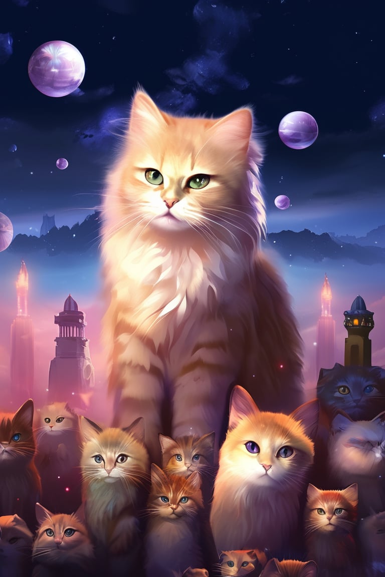 painting of A sky filled with a vibrant aurora borealis illuminating a city with grand columns while cats roam the streets and serpentine creatures swim in the oceans. Style of Cute cats and kittens with a mirror background. rosybrown, chocolate, sandybrown, darkred colors. 8K HD.