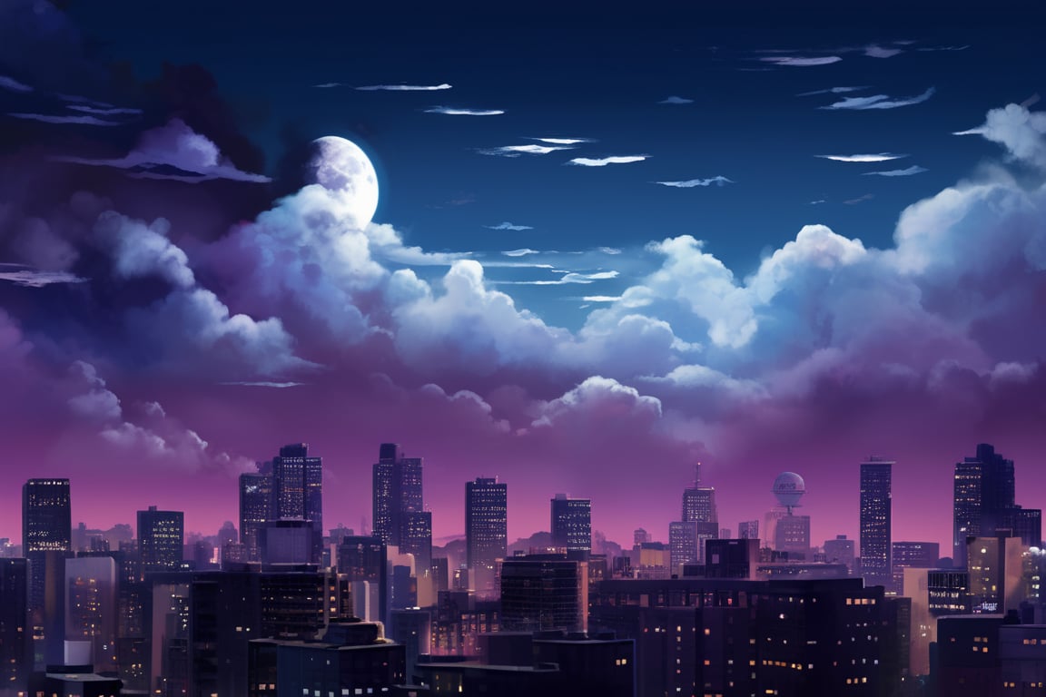 night, cloud lumened by city, bright moon, dark-gray-purple sky; sky scrapers square and rectangular skyscrapers with white frequent square windows, shades of skyscraper windows: dark blue, dark turquoise. The roofs of skyscrapers from dark squares or illuminated with a dim blue border,