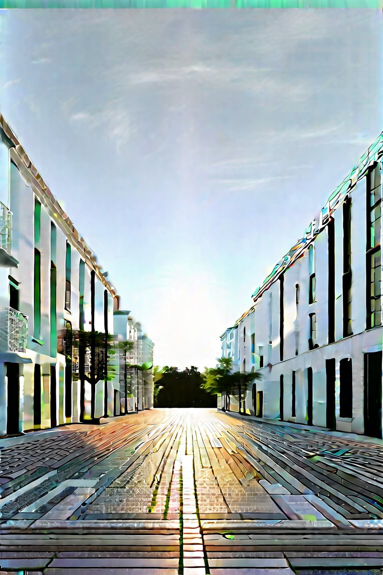 a huge empty asphalt square in the distance one can see massive but not tall rectangular white buildings with narrow black windows, nearby there are smaller rectangular buildings made of brick with square windows and a concrete canopy on the roof, next to them there are not tall trees, a white rectangular building with white edging and large windows, near the buildings you can also see small brick extensions without windows, just in the distance and as if in miniature you can see rectangular buildings with wide large rectangular black windows and white buildings lower but wide with very small black square windows, next to different rare trees are visible behind the buildings, behind all the buildings the yellow sun rises, but it does not dazzle and seems to be in a haze, but all this is as if in the distance and creates the opportunity to examine it all as a whole, and the viewer stands in the middle of perfectly smooth asphalt