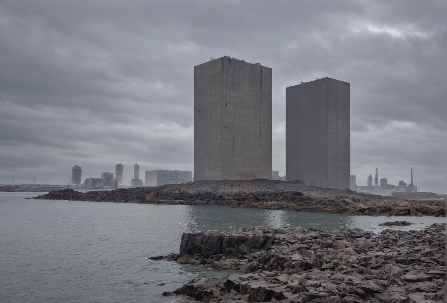 rocky coast without vegetation made of gray stone, gray water reflects, thin rectangular square dark brown skyscrapers with rectangular vertical frequent narrow windows, a cooling tower can be seen on the side on a separate stone island, low gray clouds often seeping through, and a few dark orange ones,
the sky is blue with a hint of purple on the horizon is white