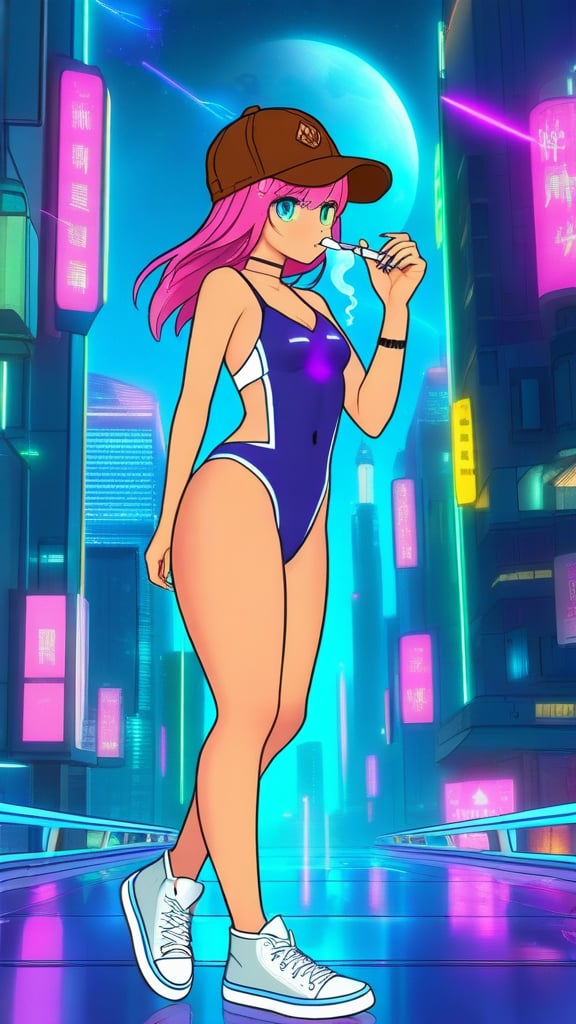 a girl with pink shoulder-length hair in a brown cap smoking a wipe is dressed in a bodysuit swimsuit the seams of which are illuminated at the edges by purple and turquoise diodes on her white sneakers, around a futuristic city