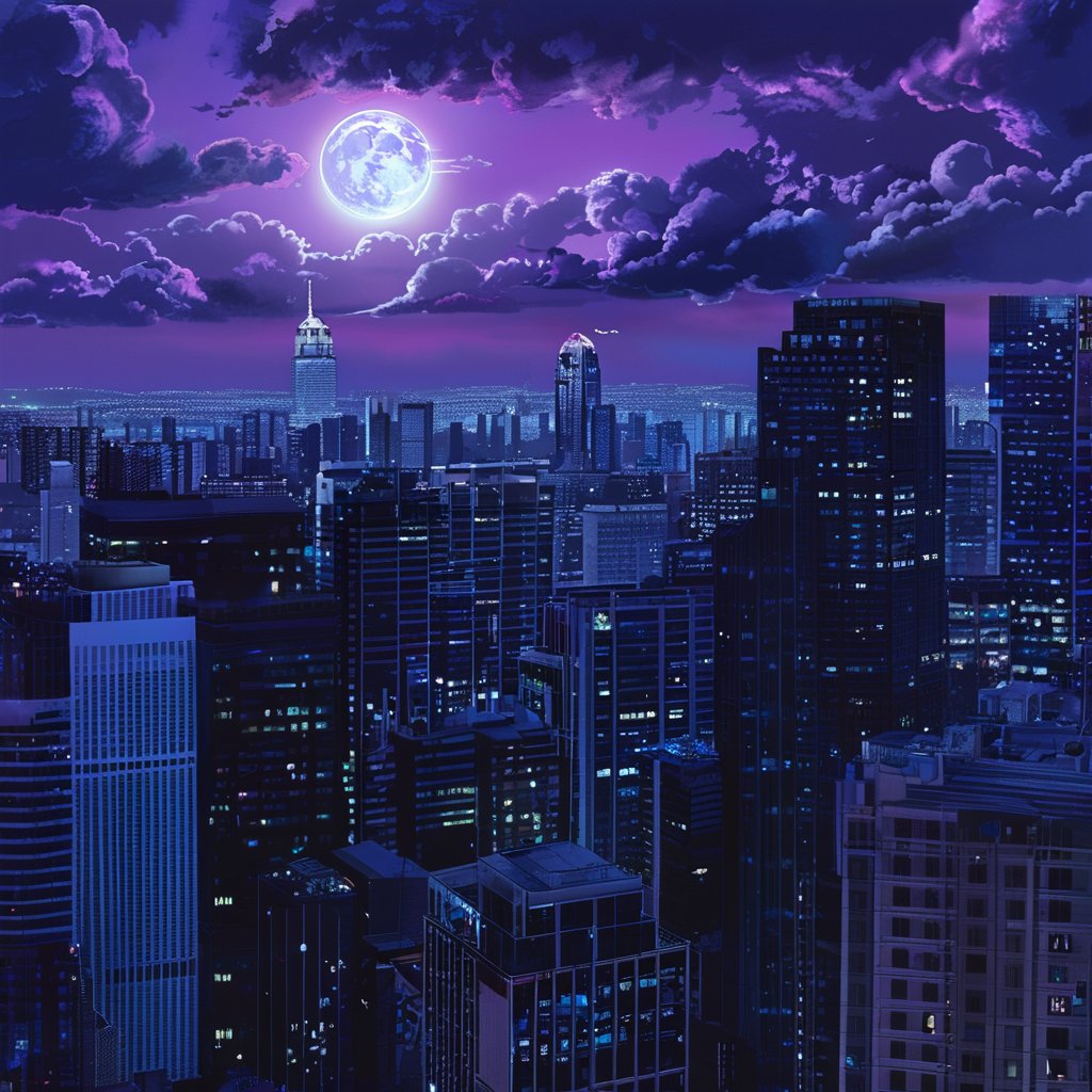 night, cloud lumened by city, bright moon, dark-gray-purple sky; sky scrapers square and rectangular skyscrapers with white frequent square windows, shades of skyscraper windows: dark blue, dark turquoise. The roofs of skyscrapers from dark squares or illuminated with a dim blue border,