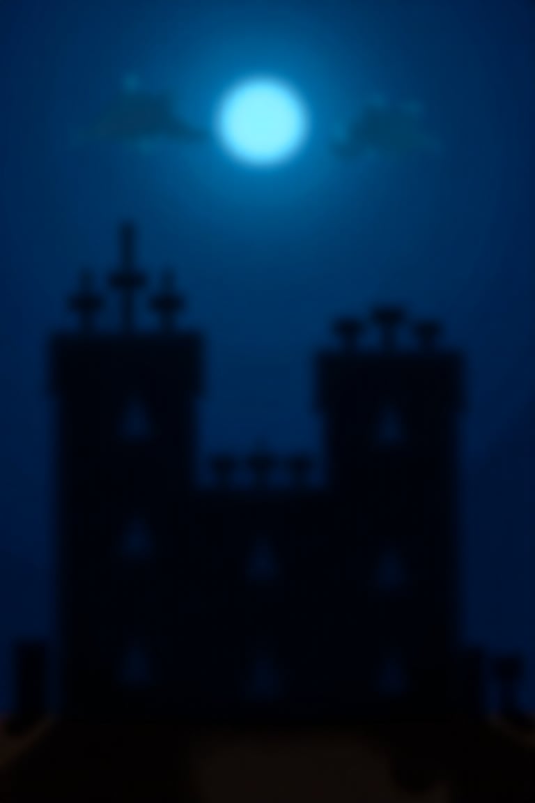 night, dark blue sky with blurry white clouds, full moon, black rectangular skyscrapers with small windows in which white light is visible, metal superstructures are visible at the tops of skyscrapers, brown cubes and a few gray cubes are visible at the base of skyscrapers, the earth is brown mud or clay