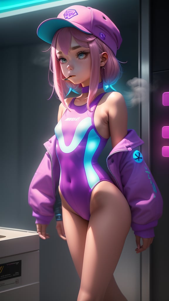 a girl with pink shoulder-length hair in a brown cap smoking a wipe is dressed in a bodysuit swimsuit the seams of which are illuminated at the edges by purple and turquoise diodes on her white sneakers, around a futuristic city