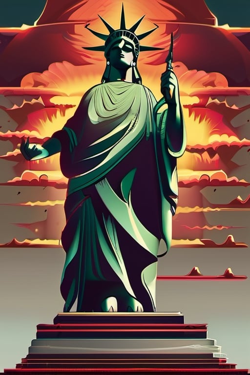 realistic, statue, realistic portrait of Liberty Enlightening the World  with the face of Akuma from Street fighter 2 alpha, expressing contempt,