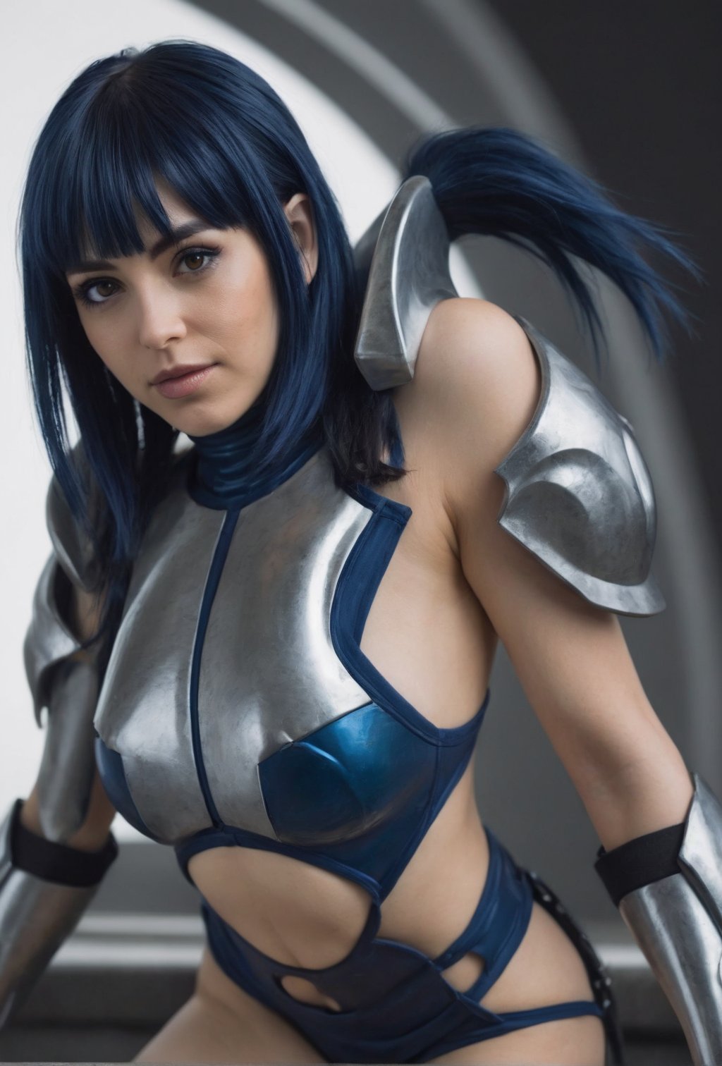 Mana is a young woman, dark blue hair with a ponytail, light brown eyes, dressed in a futuristic steel latex bikini armor that show all counturs of your body.