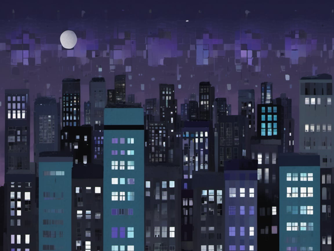 night, cloud lumened by city, bright moon, dark-gray-purple sky; sky scrapers square and rectangular skyscrapers with white frequent square windows, shades of skyscraper windows: dark blue, dark turquoise. The roofs of skyscrapers from dark squares or illuminated with a dim blue border,