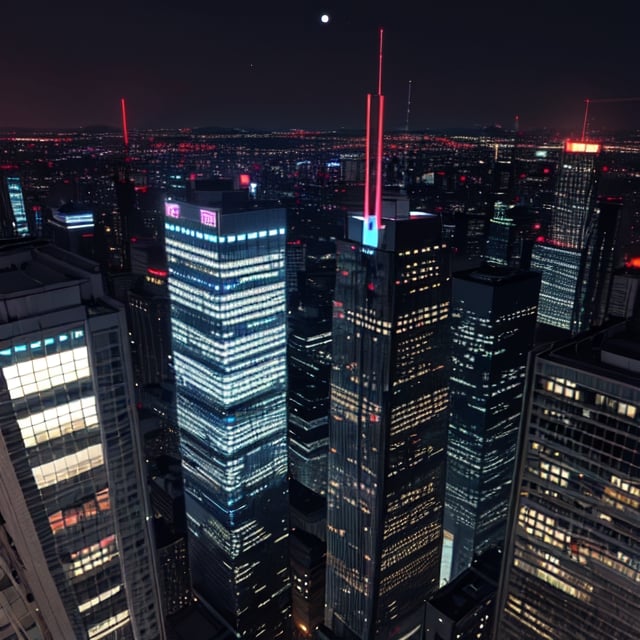 8 bit render, panorama view from the roof of a skyscraper. dark-orange cloud lumened by city,  bright moon,  dark-gray-purple sky; sky scrapers square and rectangular skyscrapers with white frequent square windows,  shades of skyscraper windows: light green,  light blue,  dark blue,  dark turquoise. The roofs of skyscrapers from dark squares to squares are illuminated with a dim blue square border,  some of the skyscrapers are topped with red lights in the corners,  one skyscraper with a red diode above it warning aircraft.