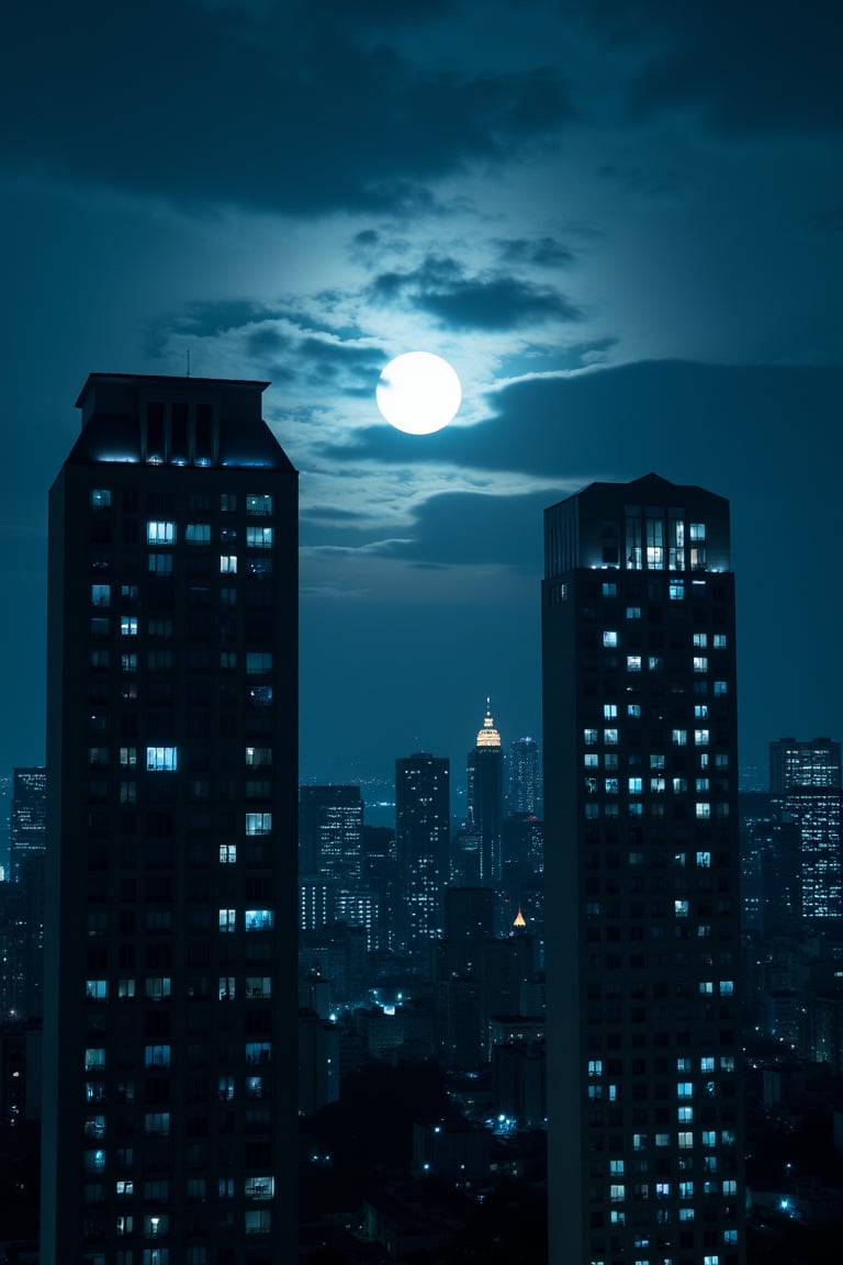 night, dark muted pale cloud lumened by bright moon, skyscrapers with white frequent square windows; shades of skyscraper windows: light blue, The roofs of skyscrapers are dark squares or illuminated with a dim blue border,