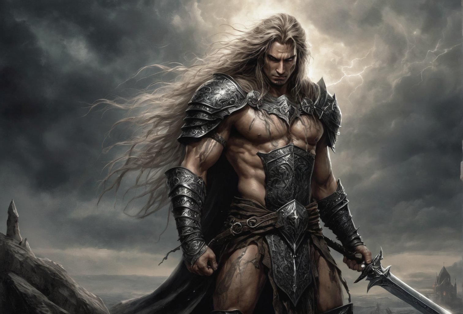 Create a portrait of the main antagonist of the demigod, he has long, flowing hair the color of storm clouds, serpentine creature with scales as black as night, glowing eyes like lightning, and razor-sharp teeth. </br> It is impossible to tell its age or gender as it is a mythological creature. captivating with mystery and at the same time repulsive, from whose gaze your throat dries up and you are speechless, but you can feel his strong spirit and sense of heroism, so that sometimes you donТt understand whether he is a villain or a hero in front of you. Style of Medieval fantasy warrior art by Luis Royo. tan, black, tan, blanchedalmond colors. 8K HD.