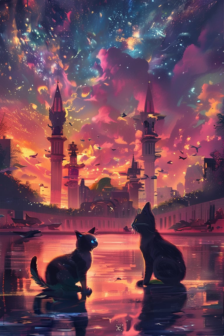 painting of A sky filled with a vibrant aurora borealis illuminating a city with grand columns while cats roam the streets and serpentine creatures swim in the oceans. Style of Cute cats and kittens with a mirror background. rosybrown, chocolate, sandybrown, darkred colors. 8K HD.