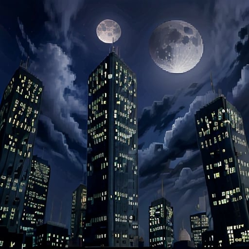 night, dark blue sky with blurry white clouds, full moon, black rectangular skyscrapers with small windows in which white light is visible, metal superstructures are visible at the tops of skyscrapers, brown cubes and a few gray cubes are visible at the base of skyscrapers, the earth is brown mud or clay,