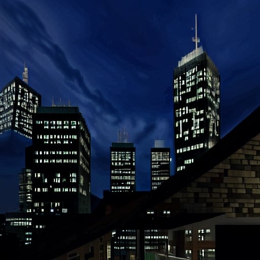 night, dark blue sky with blurry white clouds, full moon, black rectangular skyscrapers with small windows in which white light is visible, metal superstructures are visible at the tops of skyscrapers, brown cubes and a few gray cubes are visible at the base of skyscrapers, the earth is brown mud or clay,