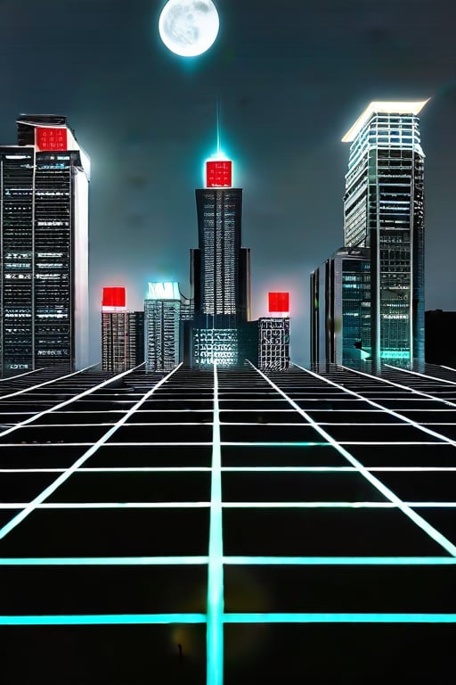 a group of gold square-shaped ornaments on black ground surrounded by gray lines, and gray ornaments with rectangular lines; light bluish gray-light skyscrapers, sometimes with a light greenish tint, with frequent square windows, above two skyscrapers there is a red diode warning aircraft; with a dark gray sky and a clear gray sky illuminated by a bright white-blue moon,