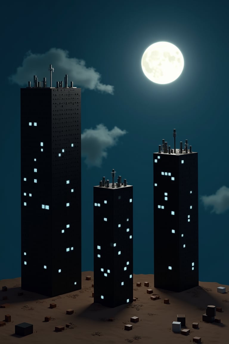 night, dark blue sky with blurry white clouds, full moon, black rectangular skyscrapers with small windows in which white light is visible, metal superstructures are visible at the tops of skyscrapers, brown cubes and a few gray cubes are visible at the base of skyscrapers, the earth is brown mud or clay