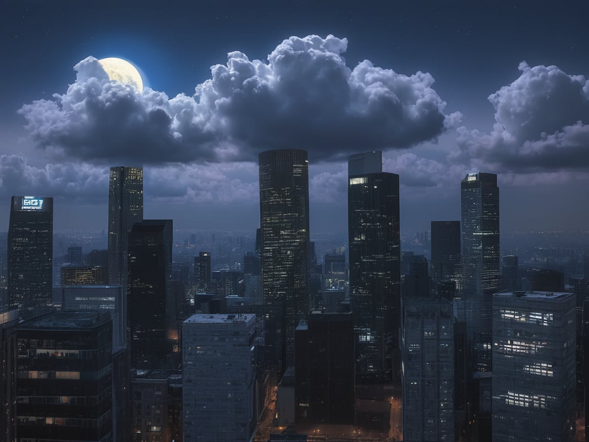 night, cloud lumened by city, bright moon, dark-gray-purple sky; sky scrapers square and rectangular skyscrapers with white frequent square windows, shades of skyscraper windows: dark blue, dark turquoise. The roofs of skyscrapers from dark squares or illuminated with a dim blue border,