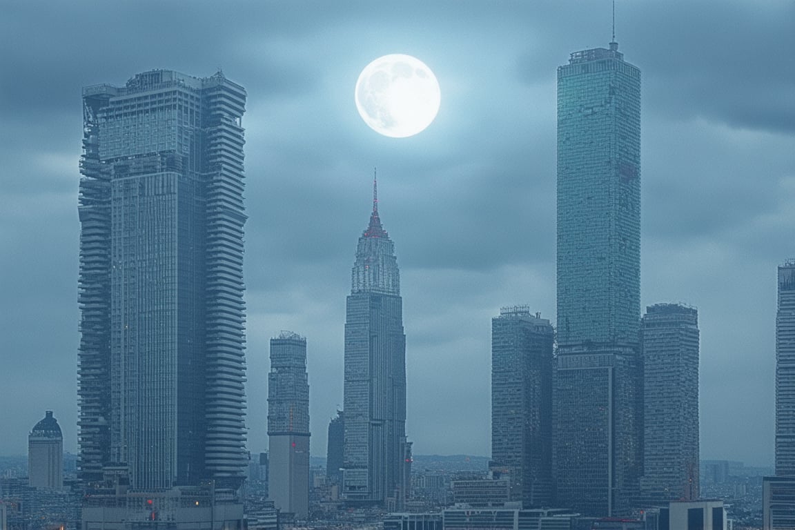 light bluish gray-light skyscrapers, sometimes with a light greenish tint, with frequent square windows, above two skyscrapers there is a red diode warning aircraft; with a dark gray sky and a clear gray sky illuminated by a bright white-blue moon