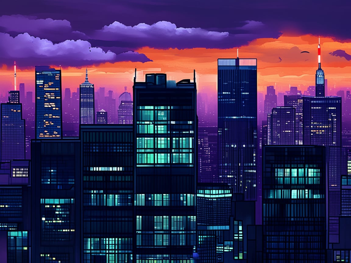 dark orange clouds illuminated by the city, purple sky, square and rectangular skyscrapers with white frequent square windows, shades of skyscraper windows light green, blue, dark blue, dark turquoise. The roofs of skyscrapers from dark squares to squares are illuminated with a dim blue square border, some skyscrapers are topped with red lights in the corners, and a red diode is installed above one skyscraper to warn airplanes.