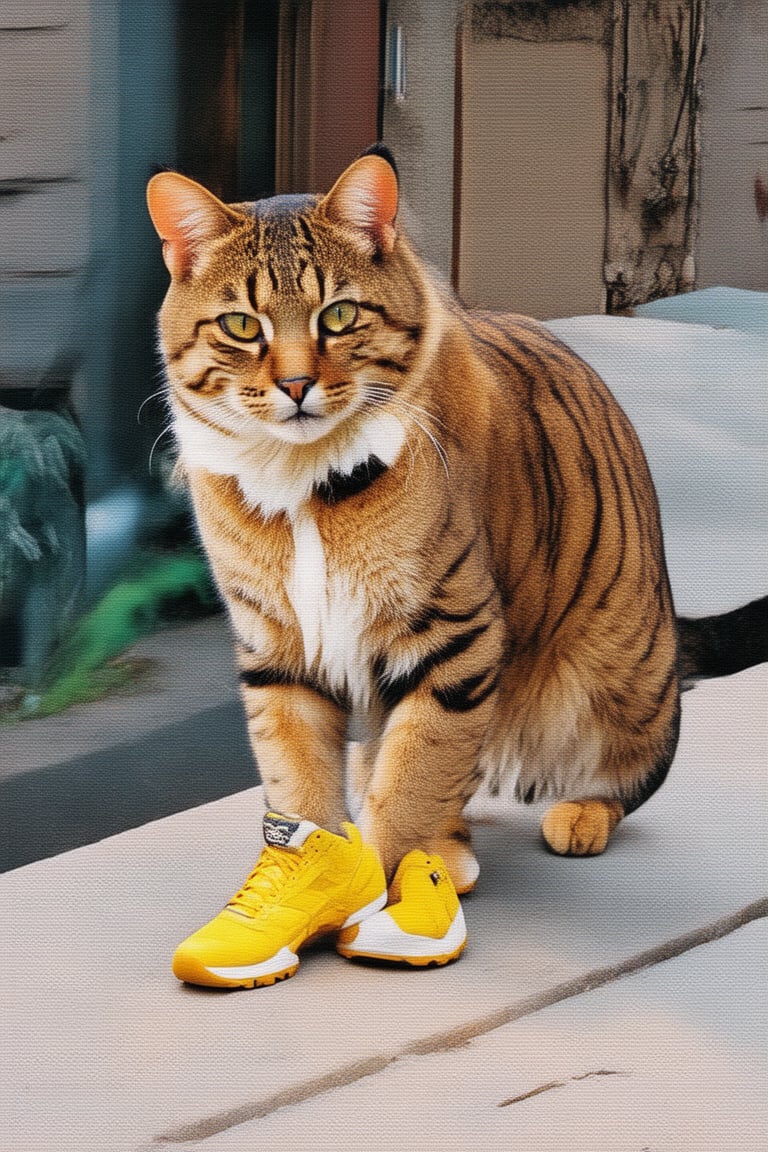 Wow, that's one majestic cat! It's almost like a tiger and a domestic cat had a super cool fusion. wearing yellow sneakers And about that '110', maybe it's part of a top-secret feline mission?